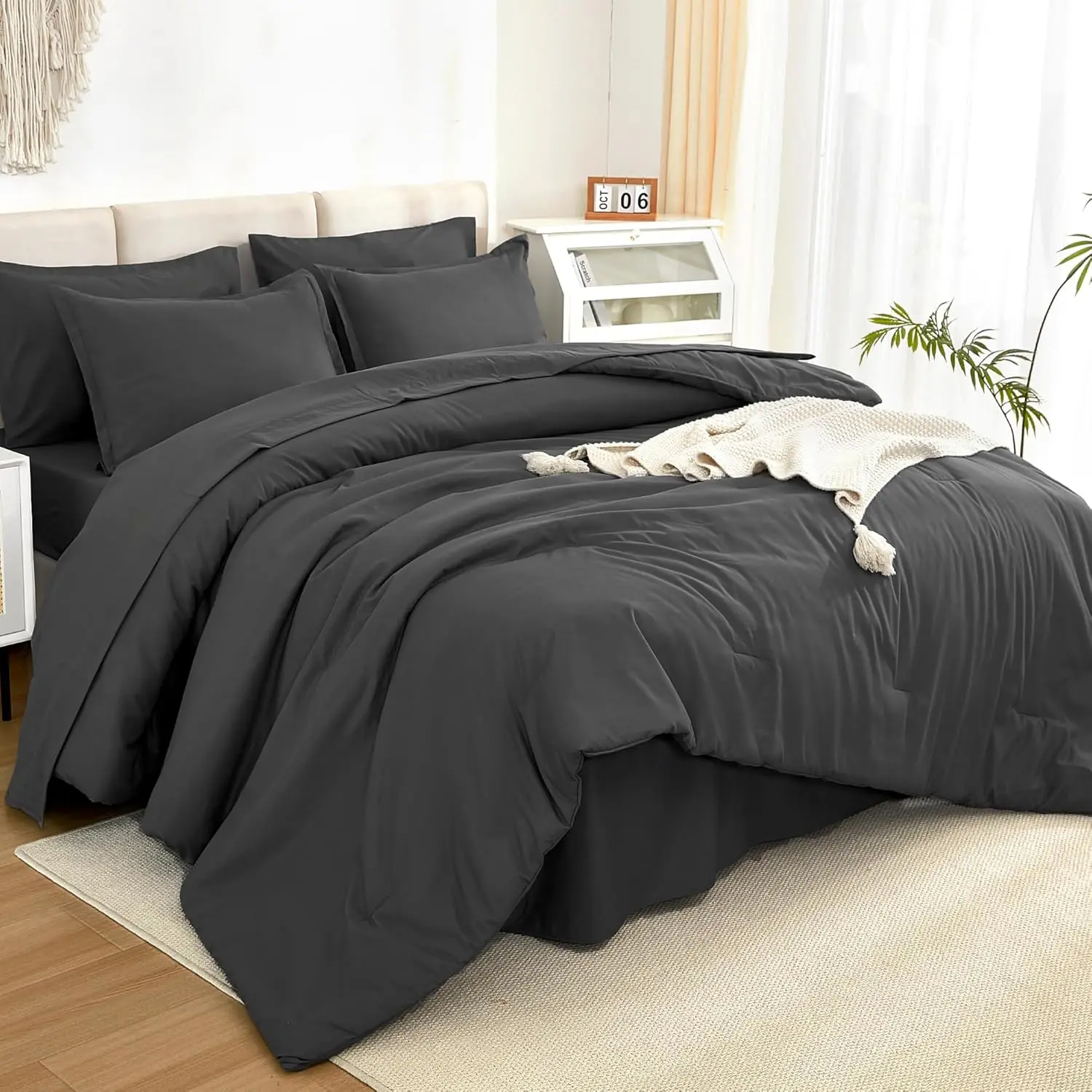

7 Piece Queen Bed in a Bag Set, Dark Grey Lightweight Comforter with Sheets & Pillowcases, All-Season Cozy Bedding