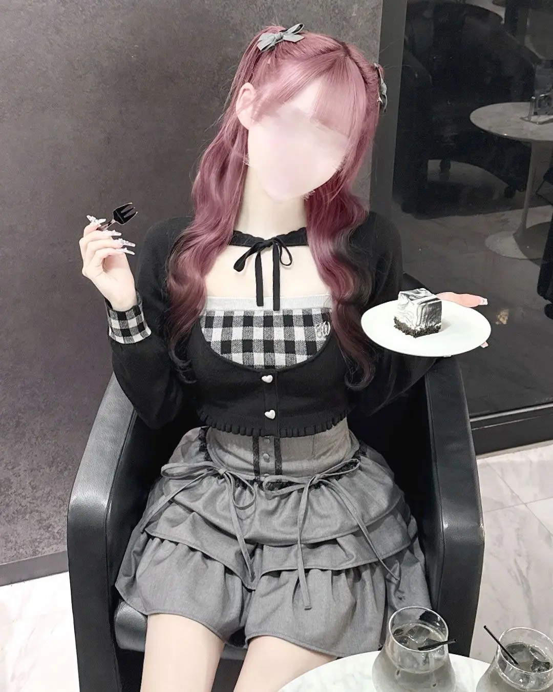 

Autumn Winter New Hollow Out Lace-up Knitted Cardigan + Plaid Knitted Camisole for Women Japanese Style Long Sleeve Top