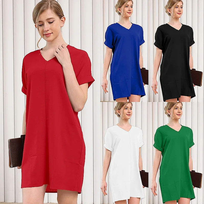 Solid Color V Neck Short Sleeve Lounge Dress Dresses Patchwork Bubble Gauze High Waist Elegant Homewear