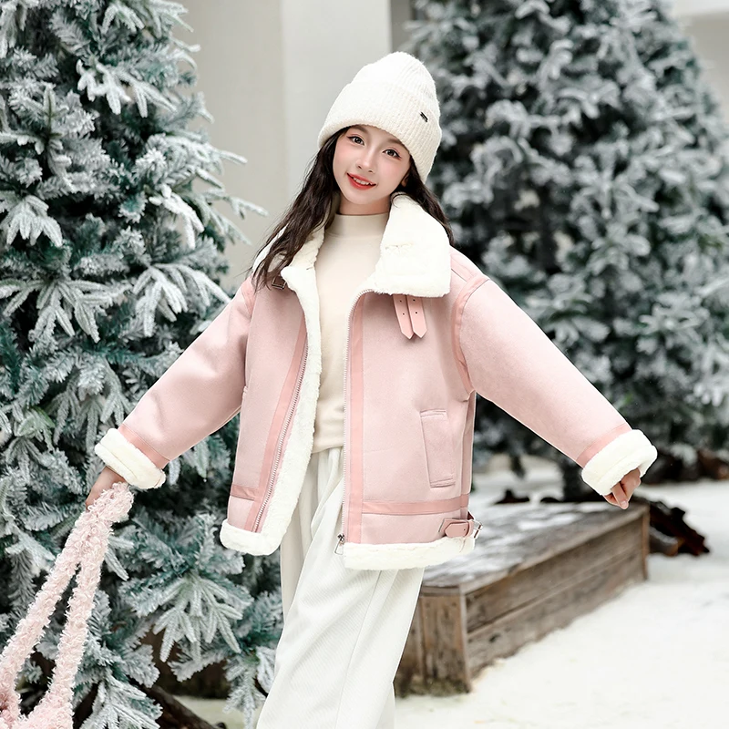 

Girls Suede Leather Jacket Faux Rabbit Fur Children Leather Parkas Thicken Coats Korean Plush Velvet Clothes For Kids
