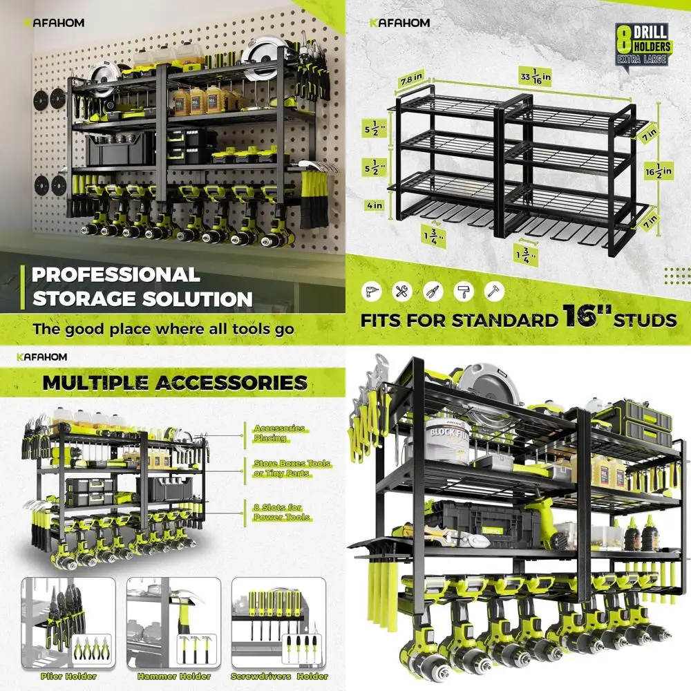 

KAAHOM Power Tool Organizer Wall Mount, 4-Tier Drill Holder or CordlTools, 2-Pack Set, Garage Storage Rack with Side Hooks or Ha