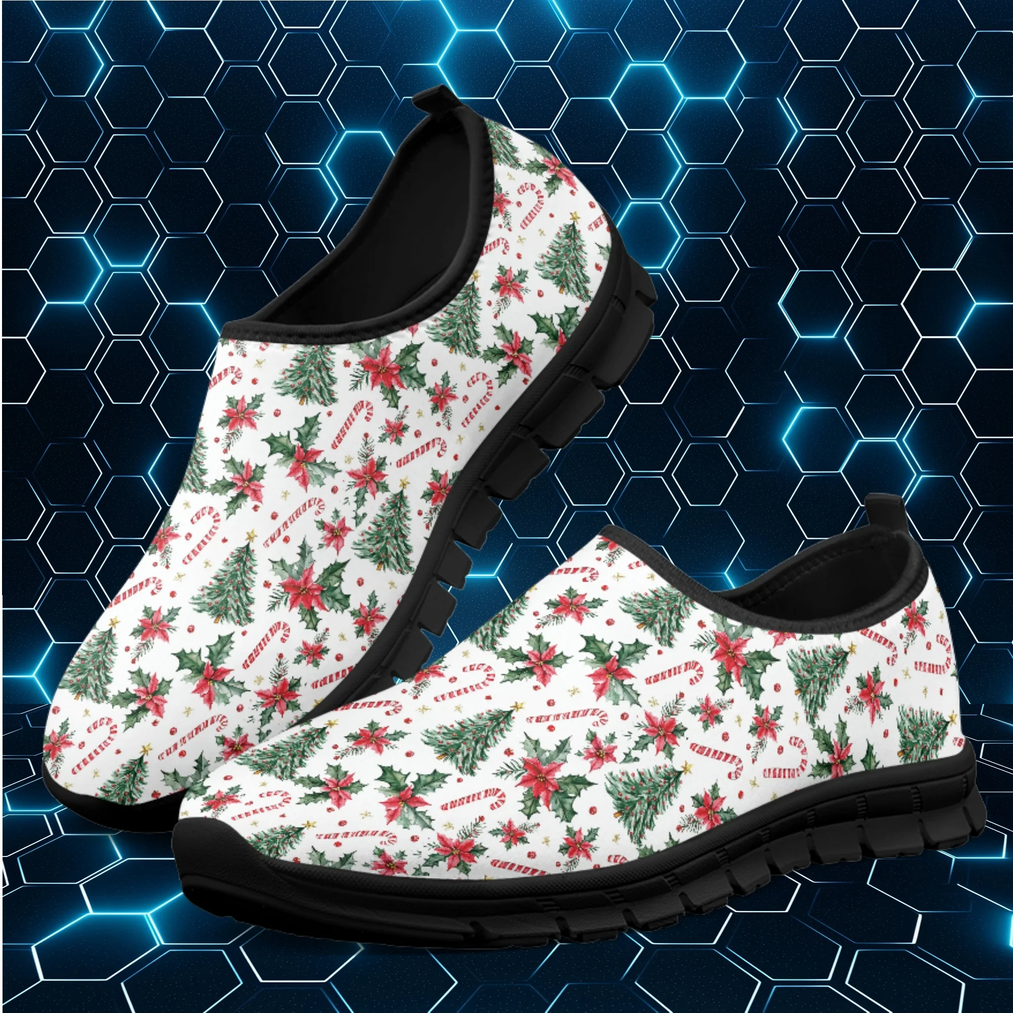 

Женские кроссовки без шнуровки INSTANTARTS, дышащая сетчатая обувь на плоской подошве, с рождественской елкой, конфетных цветов, для бега