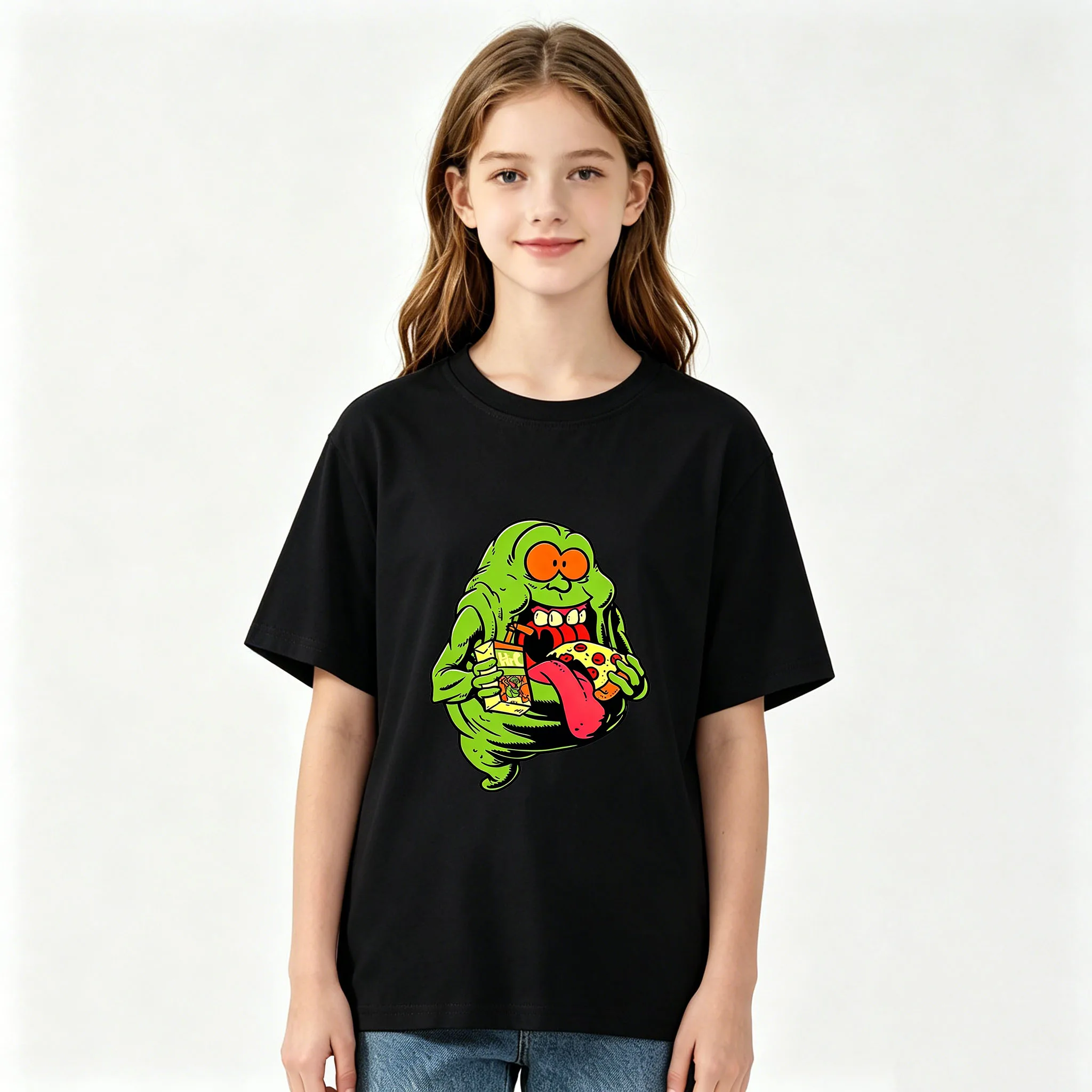 Ghostbusters Children's T-shirts 100%Cotton Slimer Eats Pizza Funny Cartoon Print Short Sleeve Boys Girls Tee Casual Tops Summer