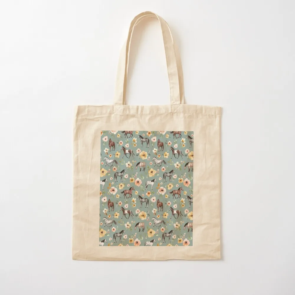 Blue Horse Floral Tote Bag bag for beach hand bags shopping trolley bag