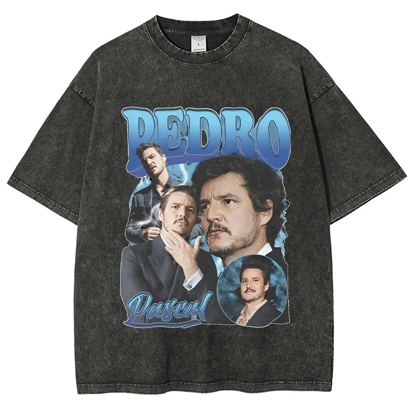 

Pedro Portrait Printed Retro Washed T-Shirt With Neutral Short Sleeves Men Fashionable Round Neck Pure Cotton Top Short Sleeves