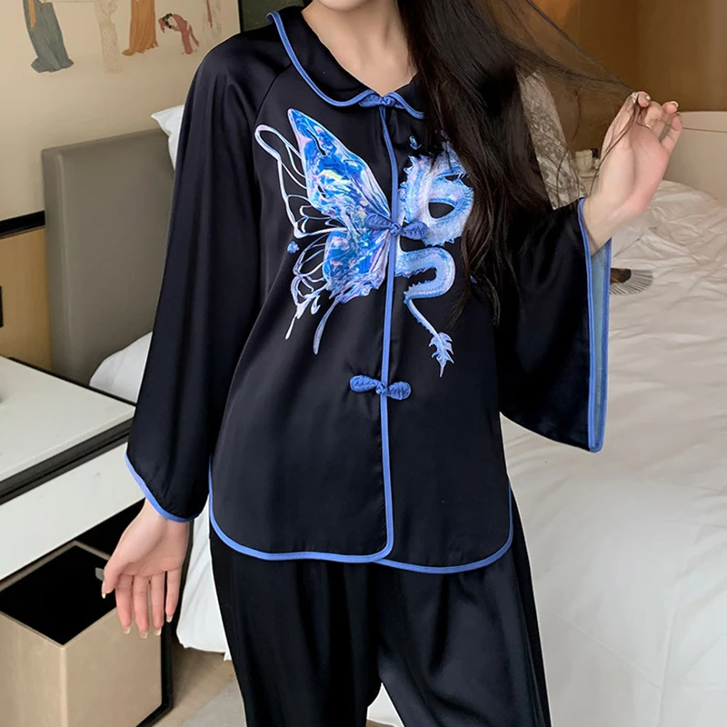 Chinese Style Pyjamas Homewear Lady Silk Satin Trousers Suit Big Sleeve Shirt&pants Butterfly Print Nightwear Loungewear