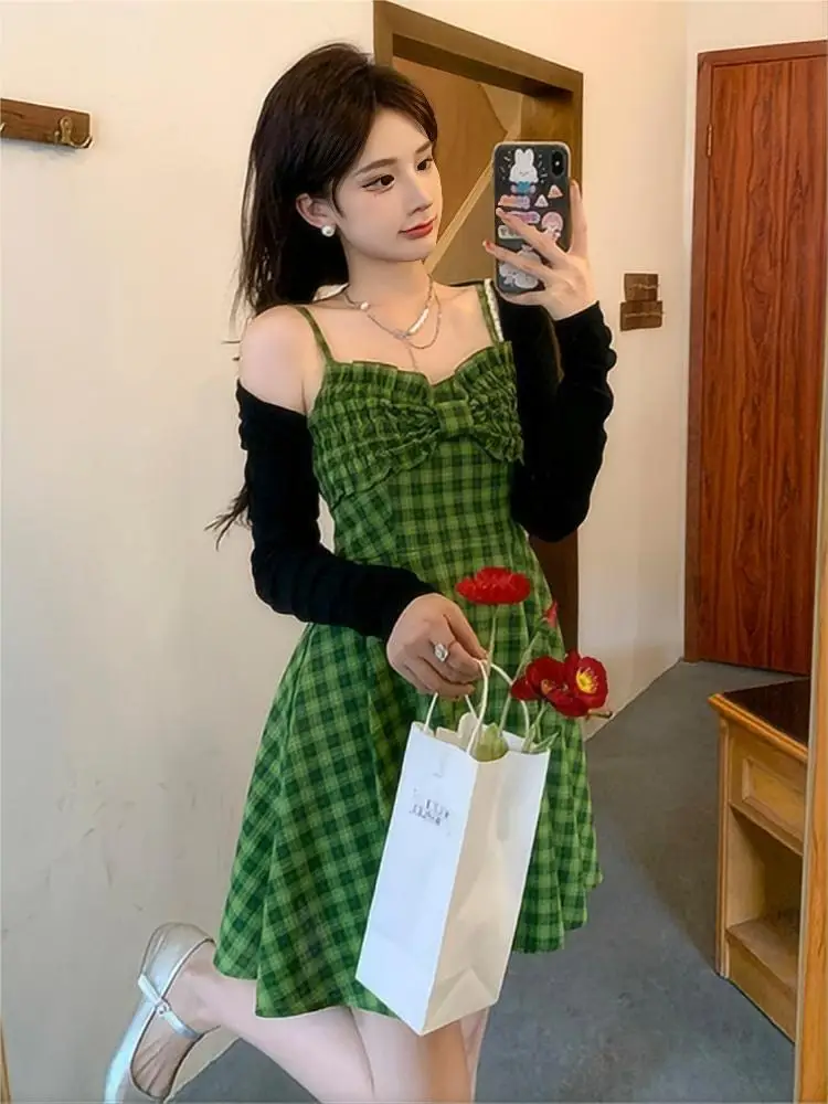 Nuomici quente menina sexy chique verde xadrez suspender vestido feminino 2025 verão nova cintura arco roupas femininas adequado para data de viagem