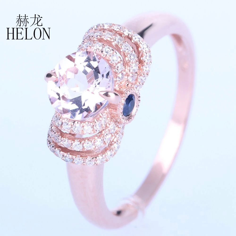 HELON Solid 14K AU585 Rose Gold Flawless Round 6mm Genuine Morganite Diamonds Engagement Ring Real Sapphires Jewelry For Women