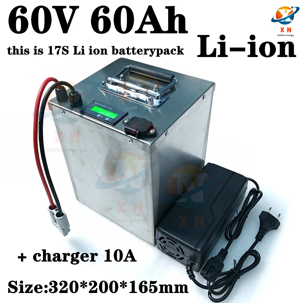 Batterie lithium-ion 62.9V, 60V, 60Ah, BMS 17S, 62.9V, 63V, avec chargeur 10A, pour scooter, vélo, tricycle et moto 3000W