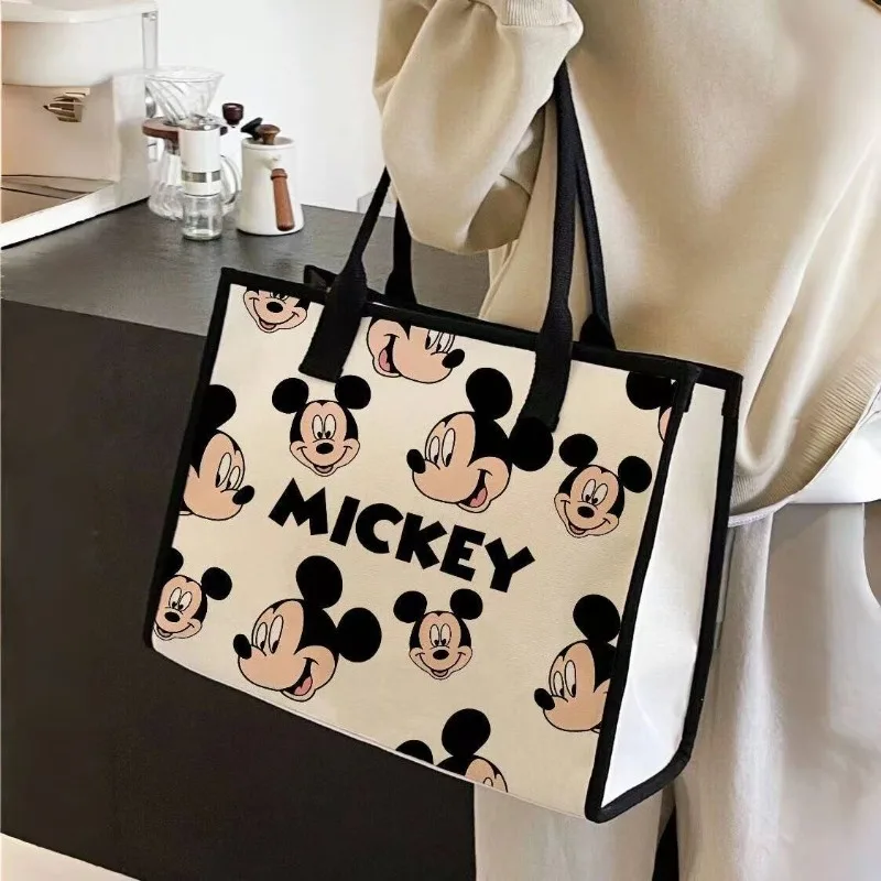 Disney Mickey Mouse Shoulder Bags for Women Fashion Cartoon Canvas Large Capacity Zipper Shopping Totes Female Casual Handbags