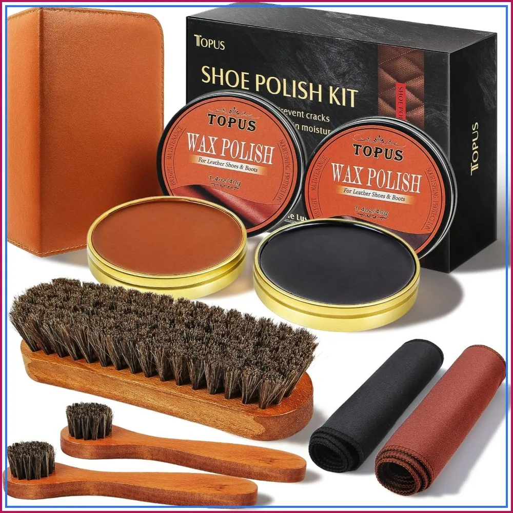 

8-Piece Shoe Polish Kit: 2 Brown Wax, 3 Horsehair Brushes, 2 Cloths