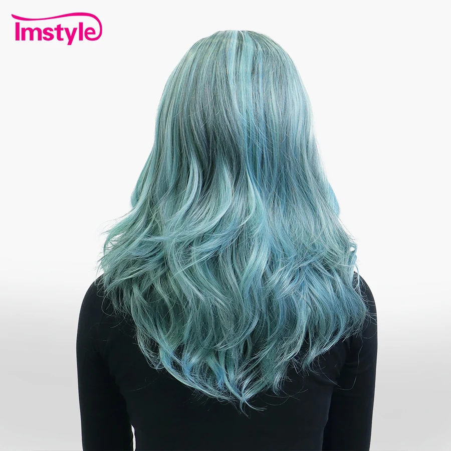Imstyle Ombre Blue Wig Synthetic Lace Front Wig Dark Root Natural Wavy Short Wigs For Women Heat Resistant Fiber Cosplay Wig
