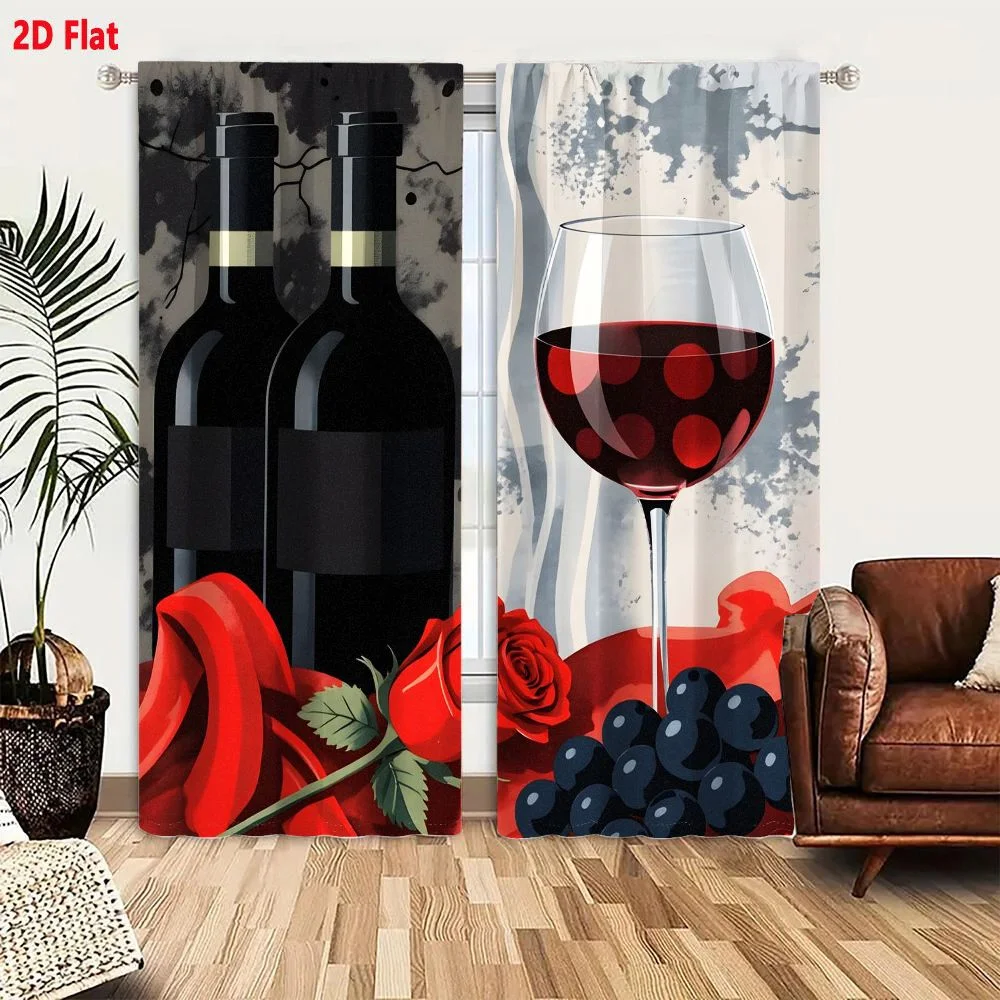 2Pcs Curtains Elegant Still Life With Wine Bottles Glass Rose And Grapes Window Drapes for Bedroom Room Decor Decoration Window