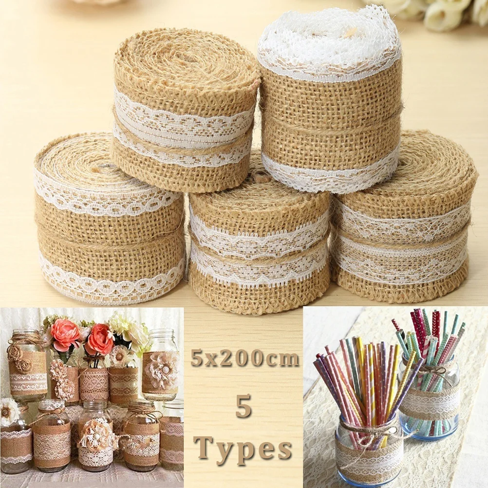 Decorative Burlap Fabric Ribbons Jute Roll with Lace for Craft Gift DIY Projects 200x5cm (A) burlap ribbon