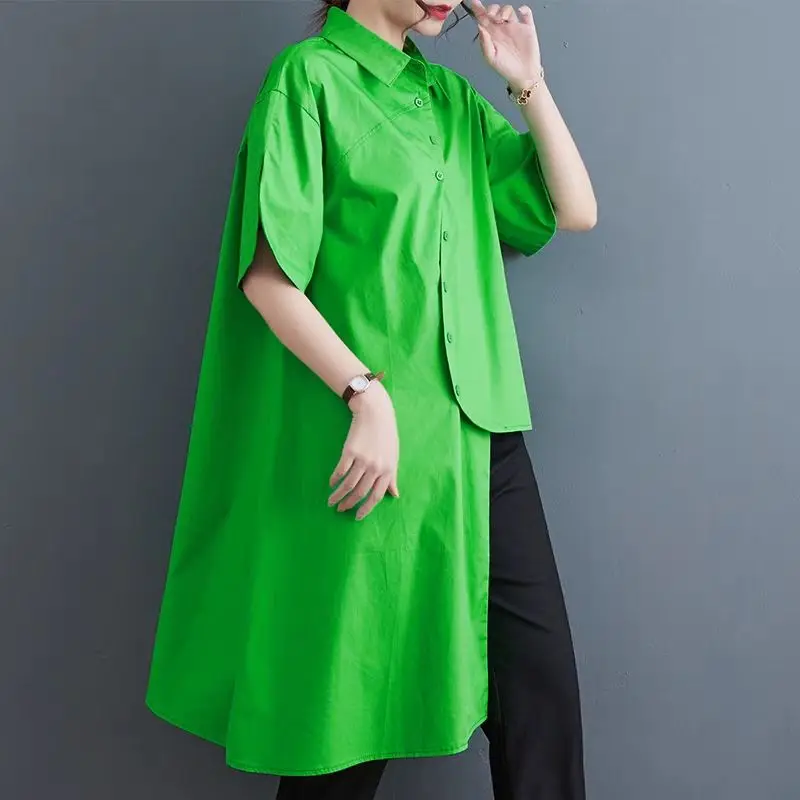 Summer New Solid Color Y2K Shirt Women POLO Collar Short Sleeve Single Breasted Asymmetrical Cardigan Street Personality Tops