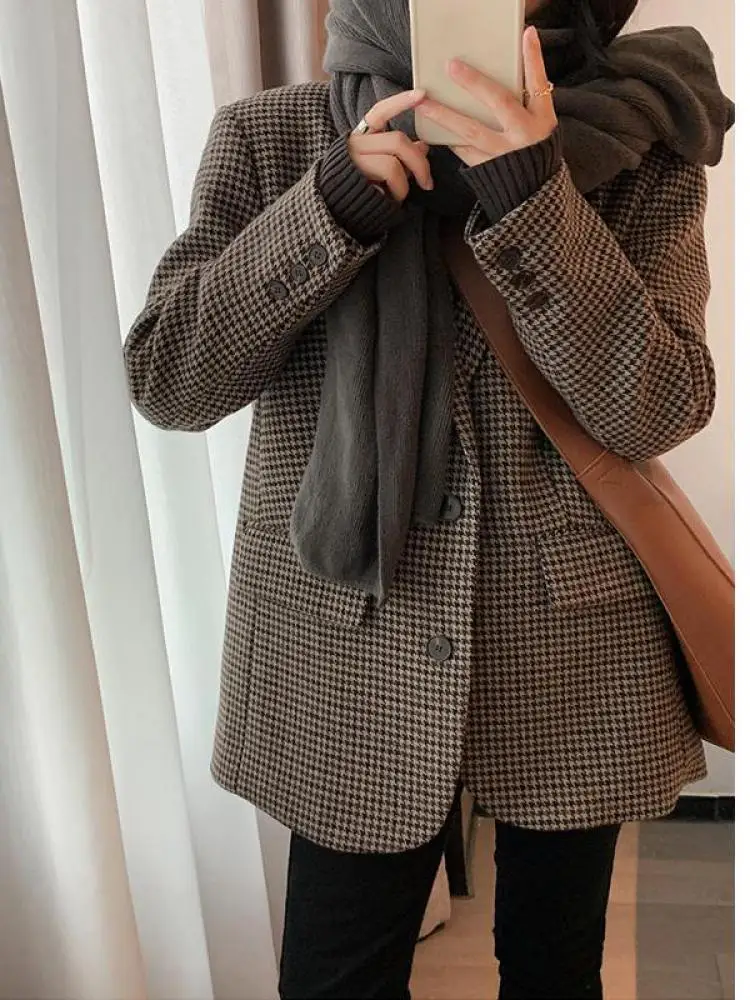 

Женское коричневое клетчатое элегантное офисное женское пальто в стиле ретро, корейская версия, свободная повседневная однобортная куртка, осень-зима 2025, модное