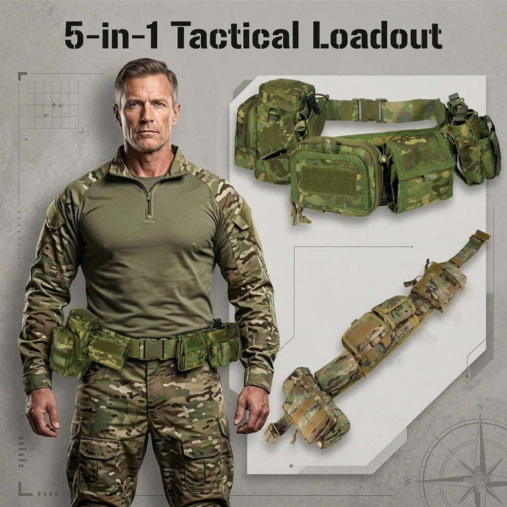 

Tactical MOLLE Belt with Utility Pouches Multi-Function Combat Rigger Waist Belt Set for Shooting Training Outdoor Activities