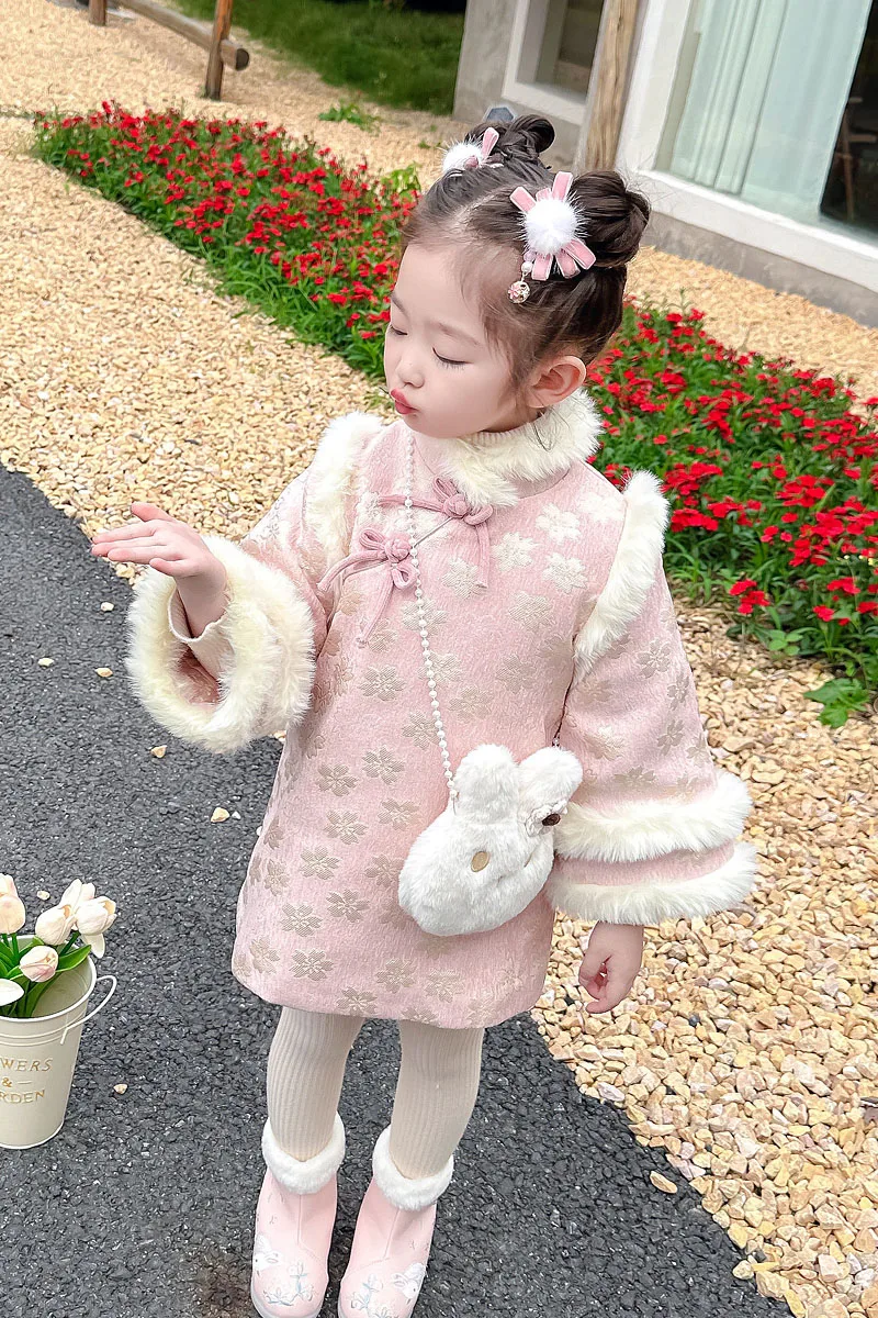 Girls Cheongsam Winter Warm New 2-10 Years New Year Flower Thickening Kids Baby Girl Traditional Chinese Ethnic Tang Dress+Bag