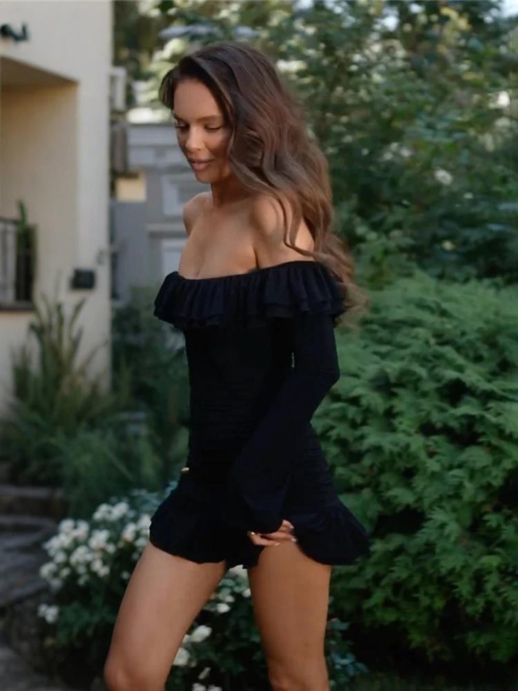 فستان SiSterlinda مكشكش برقبة مائلة للنساء مثير متدرج مكشكش بدون ظهر وأكمام طويلة أنيق للنوادي رفيع قابل للتمدد