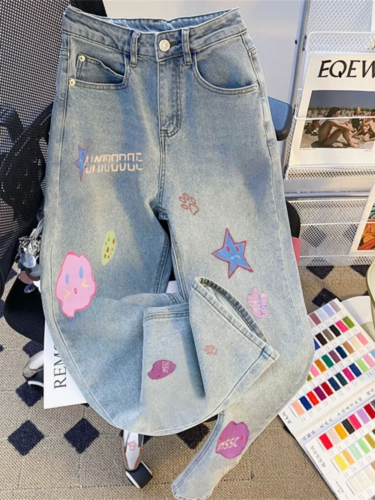 

Модные американские джинсы с мультяшным принтом, свободные прямые брюки с высокой талией и широкими штанинами для весны и осени