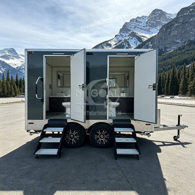 Portable Restroom Trailer on Wheels Equipped With Safety Handrails and Access Steps for Festival and Concert Temporary Use