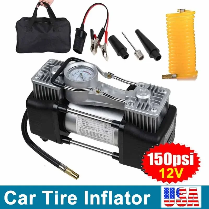 12V Double-cylinder Tire Inflator with Pressure Gauge Poric Car Metal Air Injector DC Mini Car Compressor Bicycle Pump Camping