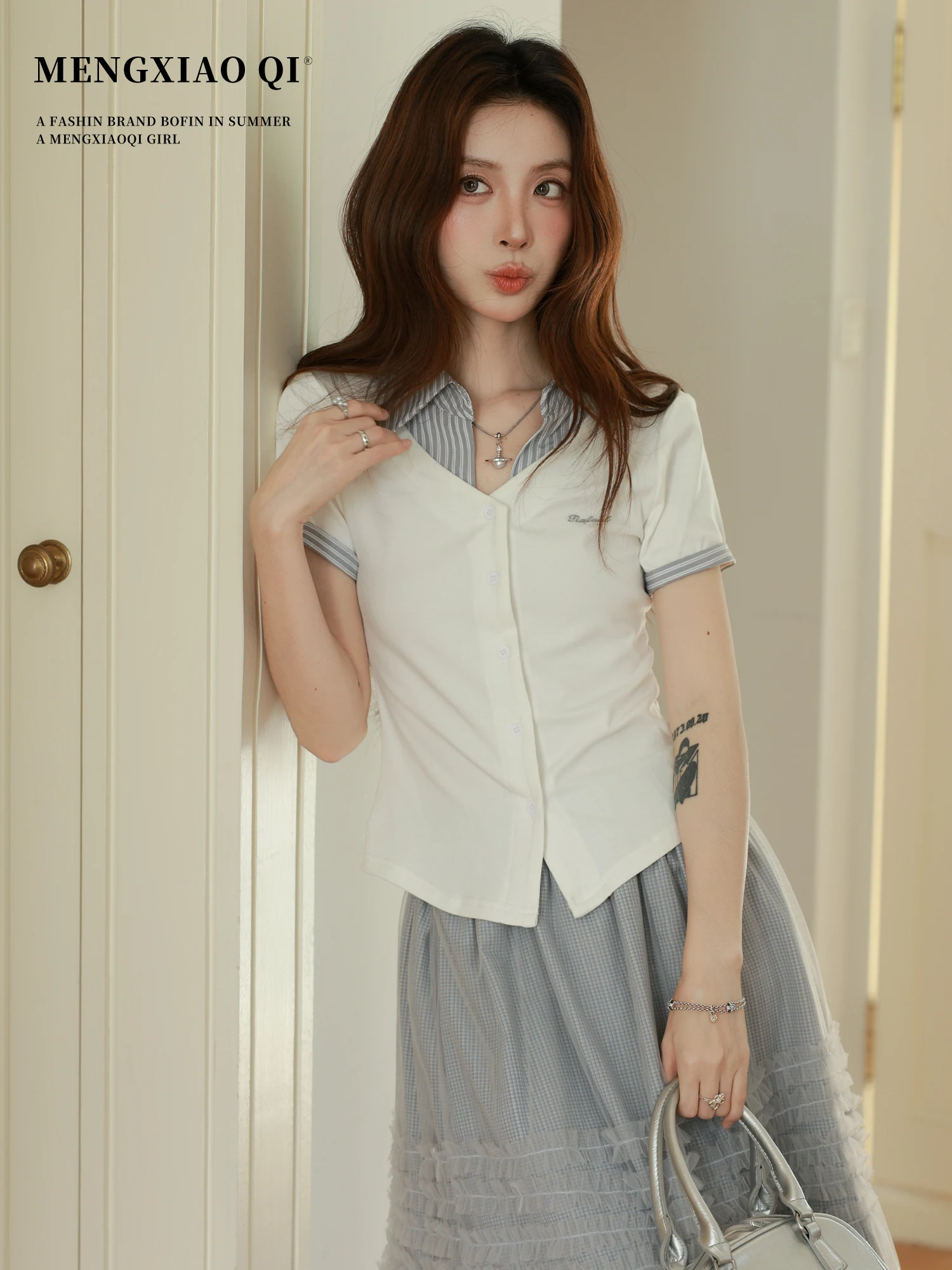 

Meng Xiaoqi Korean Style Striped Collar Shirt Women's Slimming Short Sleeve Top College Style Versatile Waist-Cinching Shirt