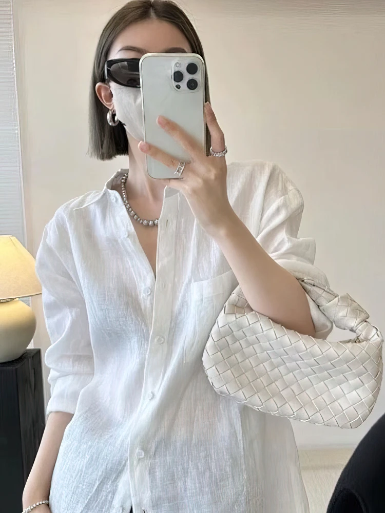 長袖コットンリネンオーバーサイズシャツ女性白ロングシャツ春夏レディビーチカジュアルアウターベーシックトップブラウス