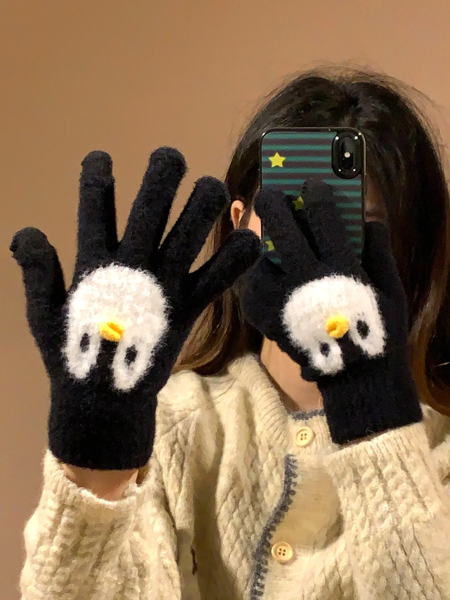 Cute Cartoon Penguin Plush Knitted Gloves Women's Winter Outdoor Cycling Warm Cold Proof Fingered Hand Muffs Thickened
