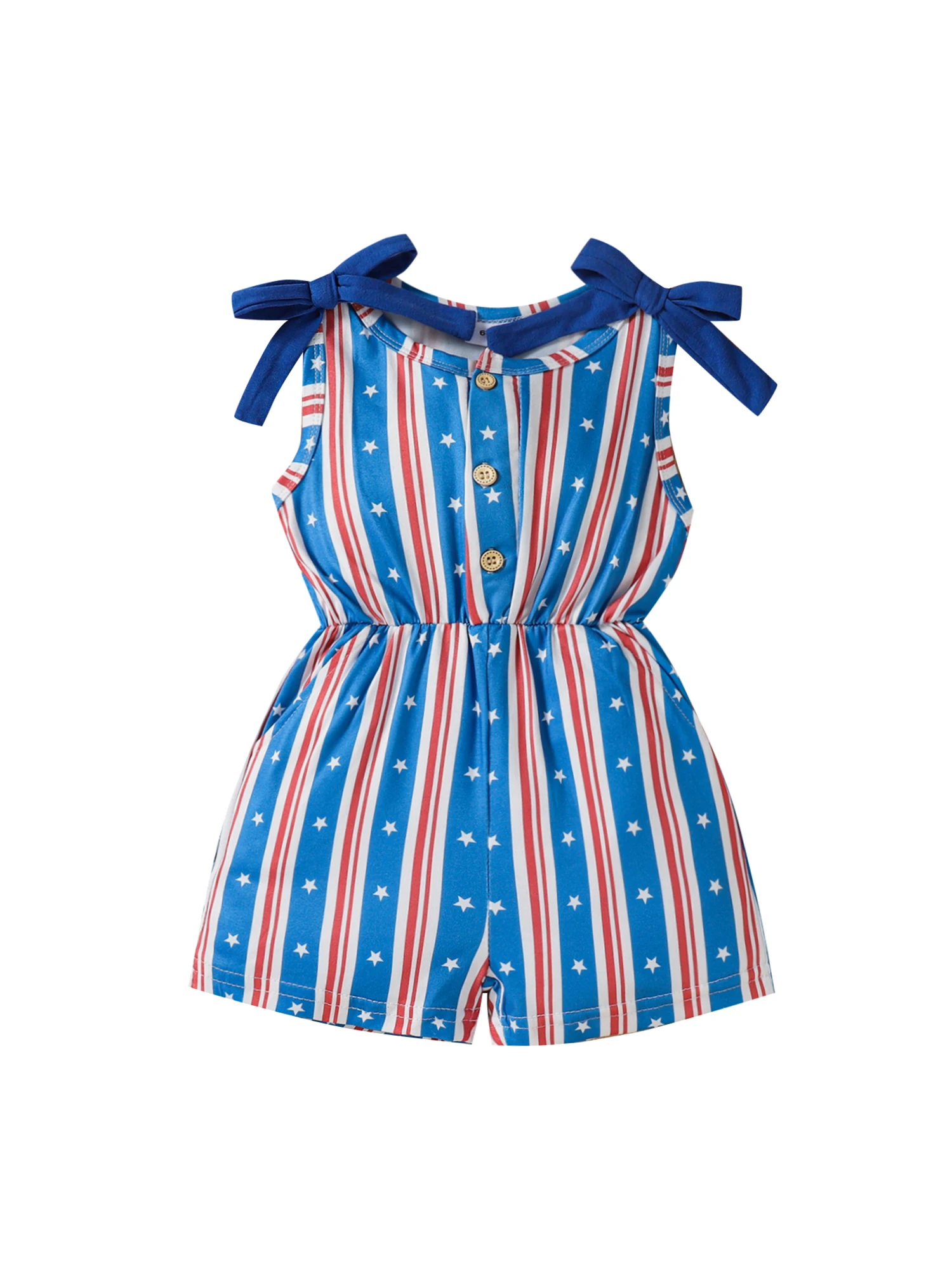 Girls Fourth of July Romper Patriotic Toddler Stars and Stripes Sleeveless Jumpsuit with Bow Detail and Siamese Pants