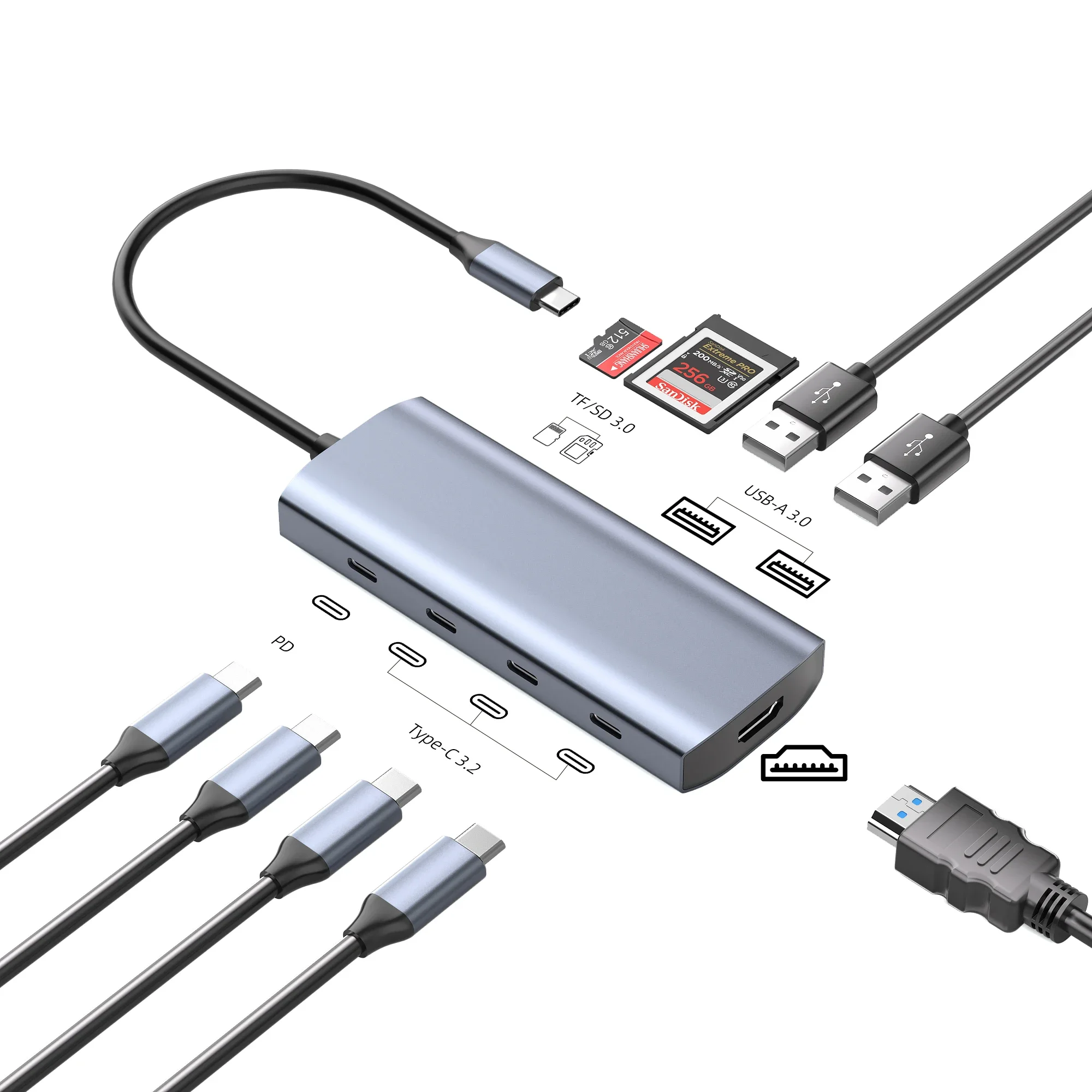 

Док-станция HDMI USB C 9 в 1 включает зарядку 100 Вт PD 10 Гбит/с Тип c 3.2 TF SD 5 Гбит/с USB 3.0 Многофункциональный адаптер для ноутбука
