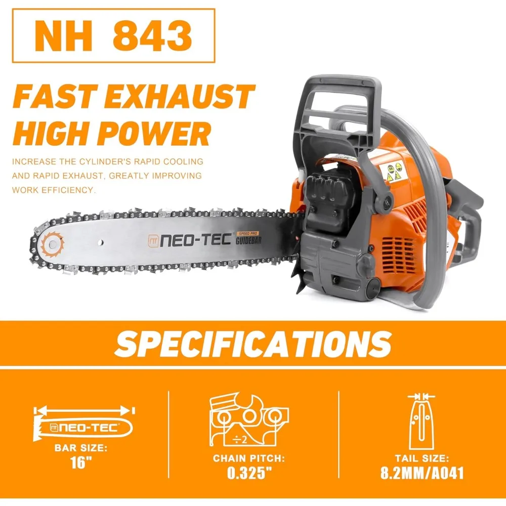 منشار غاز 43cc، رأس طاقة NH843 مع شريط ودليل سلسلة 16 بوصة، منشار سلسلة الطاقة 2.95HP 2,2KW 16 بوصة مناشير البنزين