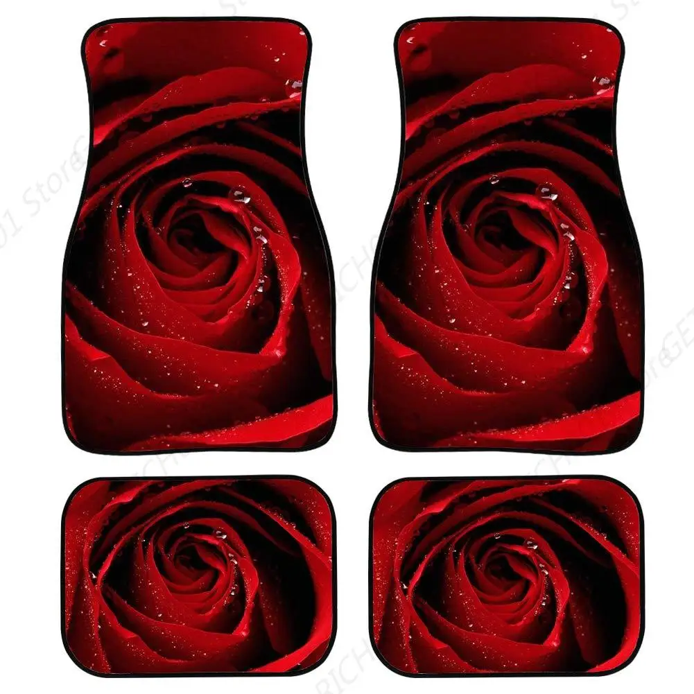 

Всепогодный автомобильный коврик для женщин, толстые плюшевые передние/задние ковры премиум-класса, темно-красная роза с дизайном капель воды