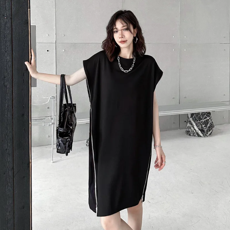 

Women Dresses Solid Dress Side Zipper Asymmetric Round Neck Short Sleeves Knee Length Loose Waist Casual Streetwear 2025 Summer