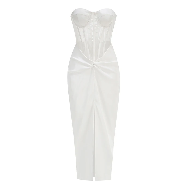 Nova tira de malha sexy com gravata traseira de espinha de peixe, cintura frontal feminina torcida e dividida vestido de festa de noite