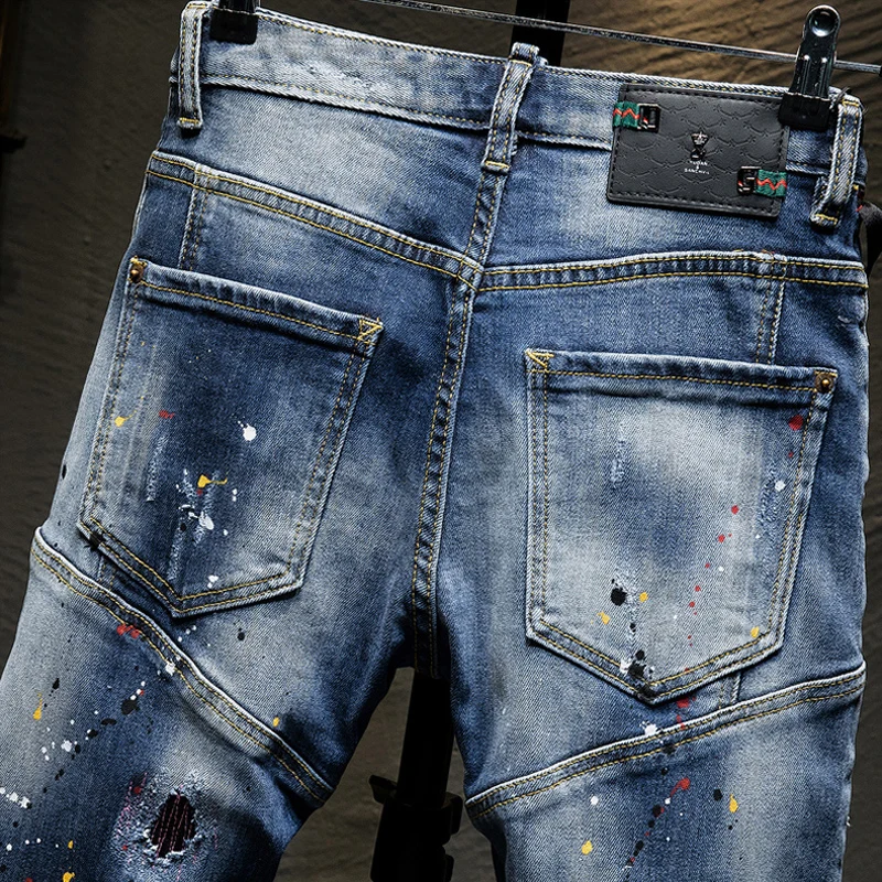 High Street Fashion Men Jeans Retro Blue Stretch Slim Fit Painted Ripped Jeans Men Spliced Designer Hip Hop Vintage Denim Pants