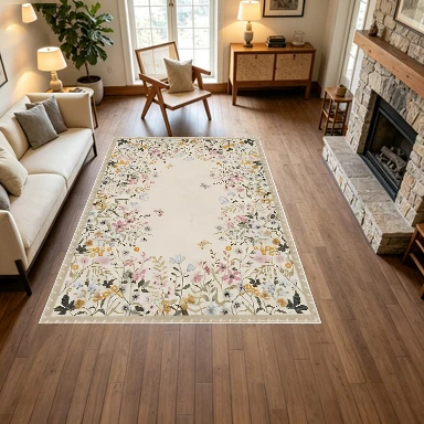 Watercolor Wildflower Butterfly Border Rug Vintage Floral Carpet Floor Soft Mat Indoor Floor Carpet Suitable for Home Decoration