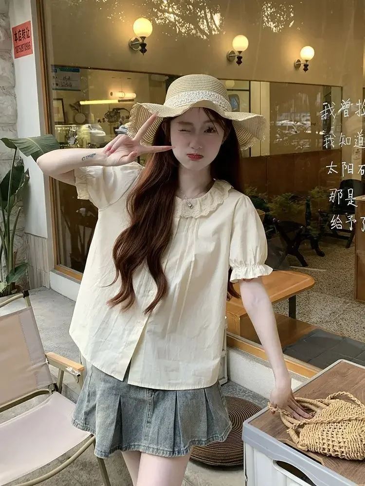 프레피 스타일 스윗 셔츠 여성 한국 레이스 플로럴 패치워크 블라우스 여름 귀여운 피터팬 칼라 캐주얼 올매치 여성 상의