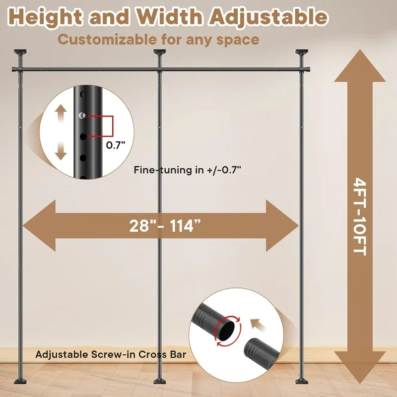 Room Divider Curtain Rod, No Drilling Tension Rod for Room Separation, 4-10ft(H)28-114inch(W) Adjustable Heavy Duty Floor