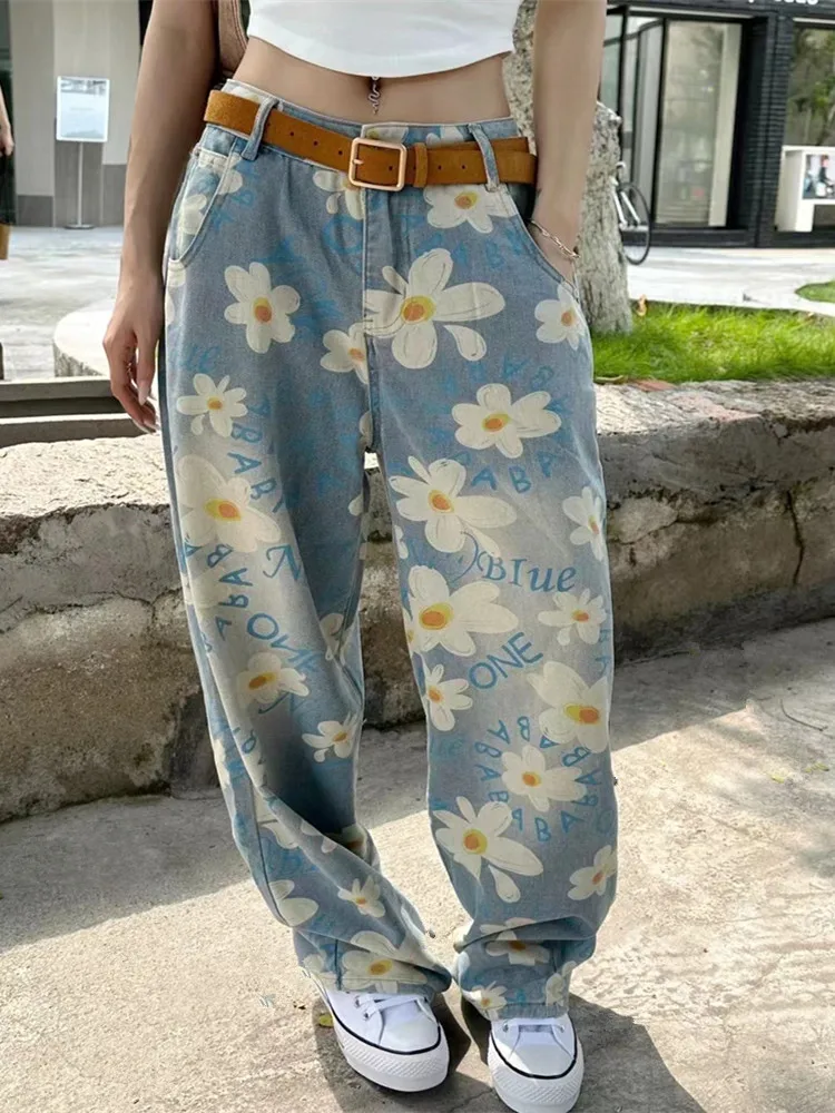 Pantalones vaqueros informales holgados con estampado de flores para Mujer, Ropa elegante y recta, moda coreana Y2K, 2024