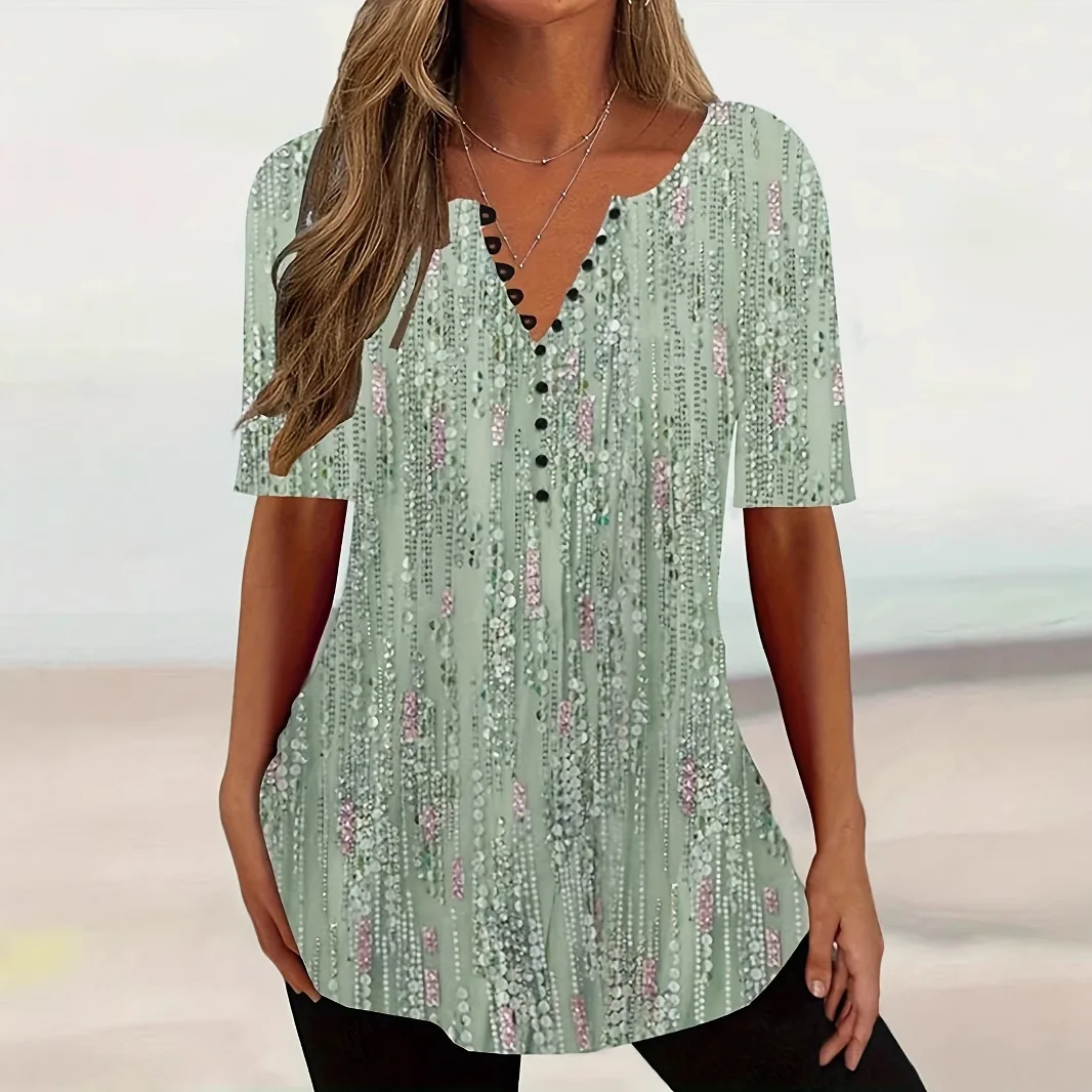 新しい女性のグラデーションファッション通勤 V ネックボタン半袖 T シャツトップ