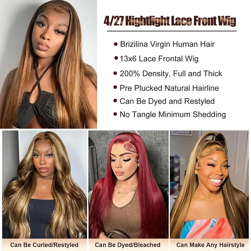 P4/27 Highlight Colored Human Hair Wig 13x4 13x6 HD Transparent Lace Frontal Wig Brazilian Remy Hair Pre Plucked Baby Hair 200% Density Long Wigs For Women 30 40 Inches view 6