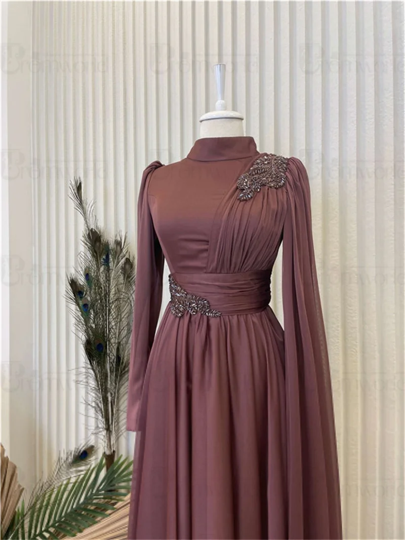 Elegant Muslim Prom Dresses for Women Party Wedding Evening Gowns Chiffon Beaded Long Sleeves Formal Dress Arabic Dubai