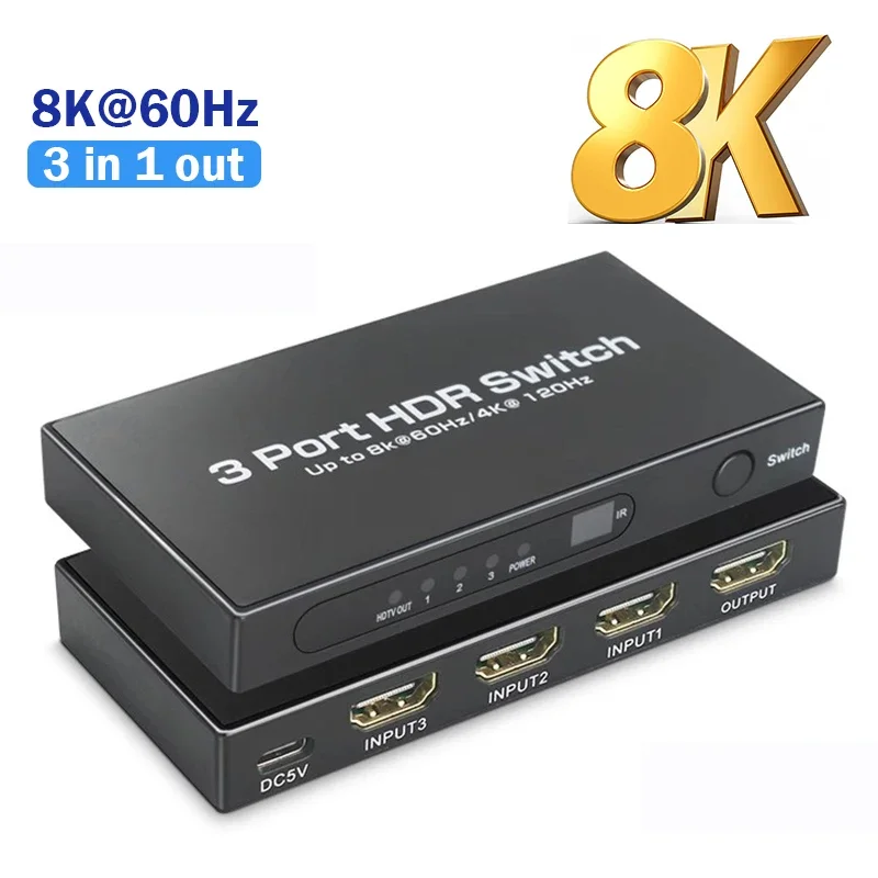 

8K 60 Гц HDMI-переключатель 3 входа 1 выход 4K при 120 Гц HDMI2.1 Видеопереключатель 3x1 5x1 с дистанционным управлением HDR HDCP2.3 для Xbox PS4 PC TV