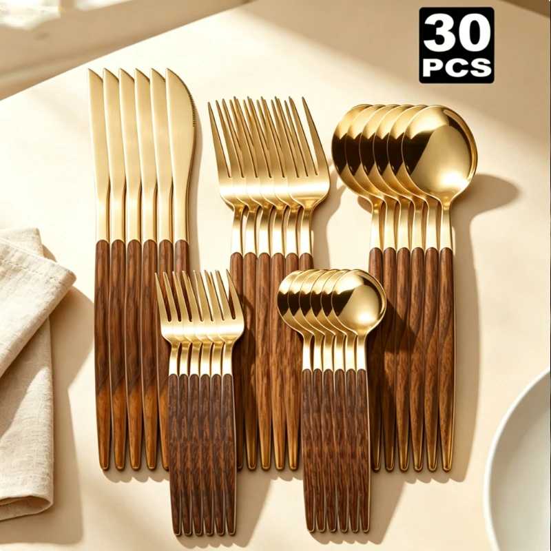 30 pieces of Portuguese stainless steel spoon fork knife tableware with wood grain clamp handle,' Dishwasher safety tableware.