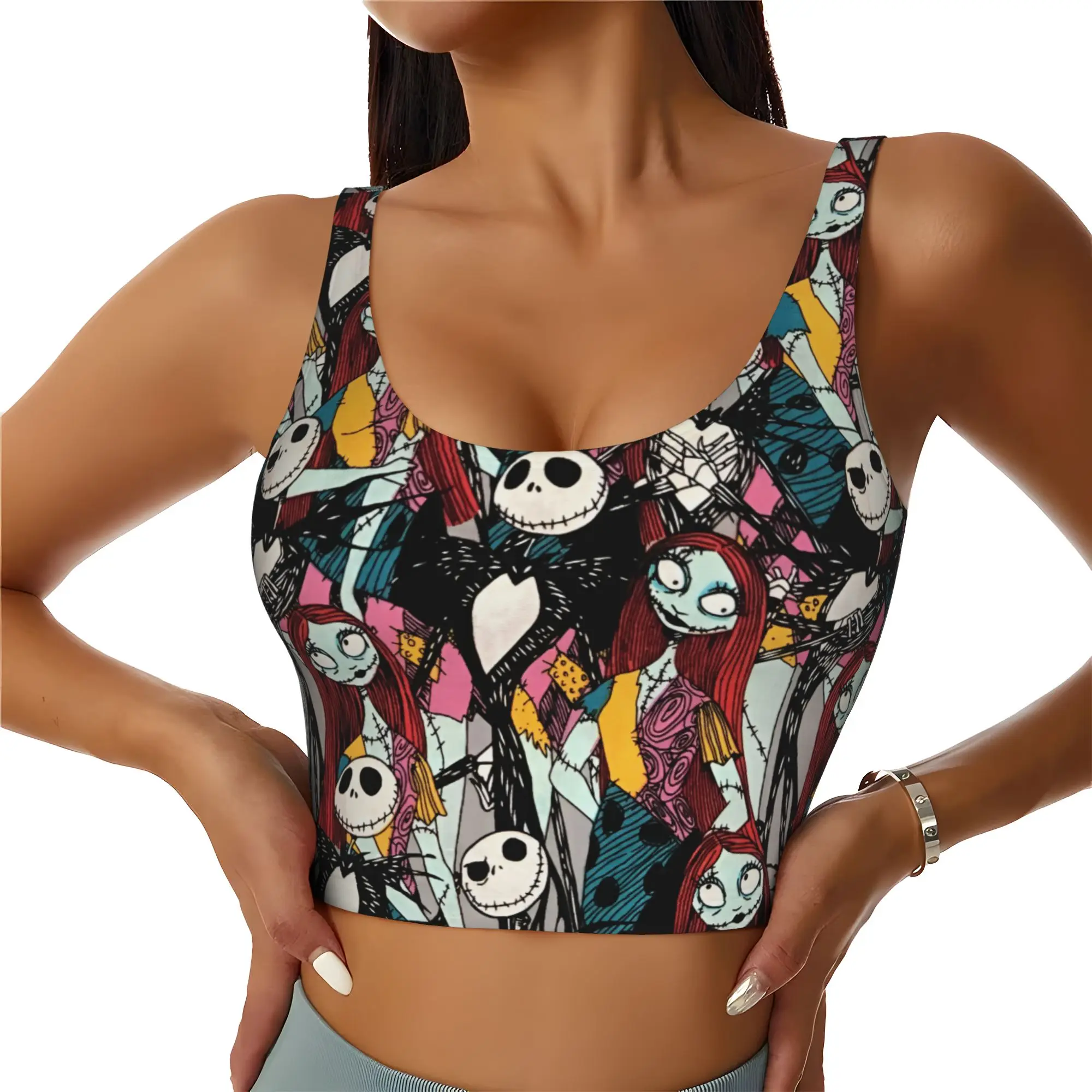 Custom Women's Skellingtones Skull Sports Bra Halloween Horror High Impact Gym Workout Yoga Crop Tank Tops