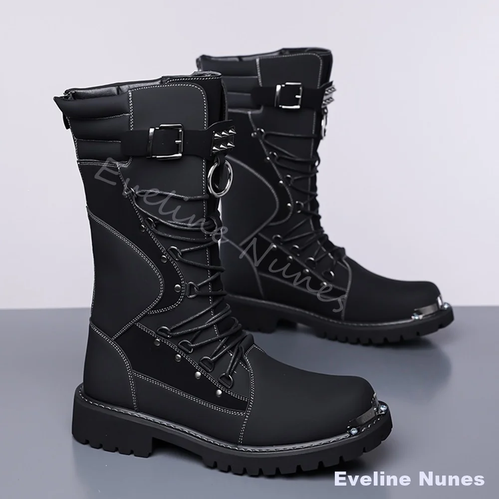 Men Black Brown Color Block Biker Boots Metal Toe Cap Rivet Buckle Strap Mid Calf Punk Combat Boots Thick Gothic Motorcycle Boot - view 2