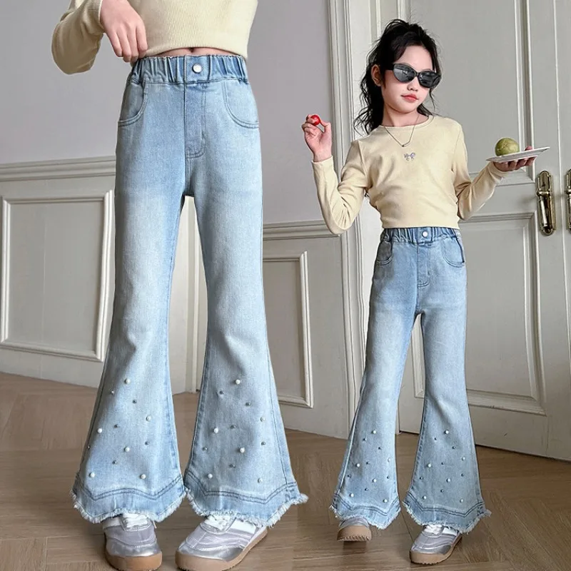 

Girls Loose Wide-leg Jeans Bell-bottom Trousers Kids Fashion Beading Denim Pants Teen Spring Autumn Casual Clothing 5-12 Years