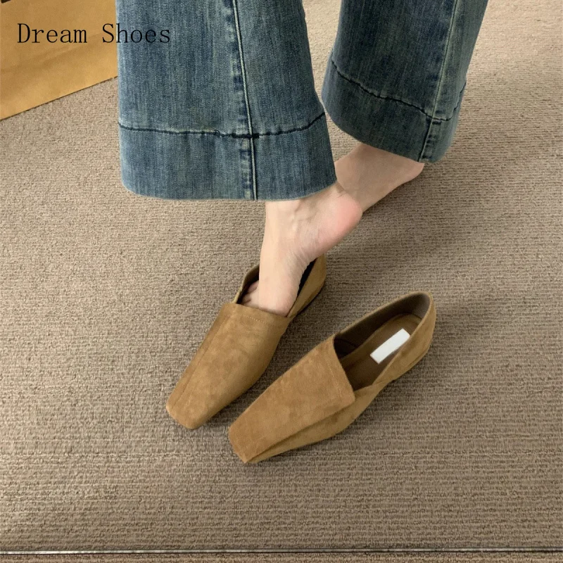 

Замшевые туфли на плоской подошве с квадратным носком в стиле ретро, новые универсальные лоферы весны и осени 2025 года, обувь Mueller для поездок на работу
