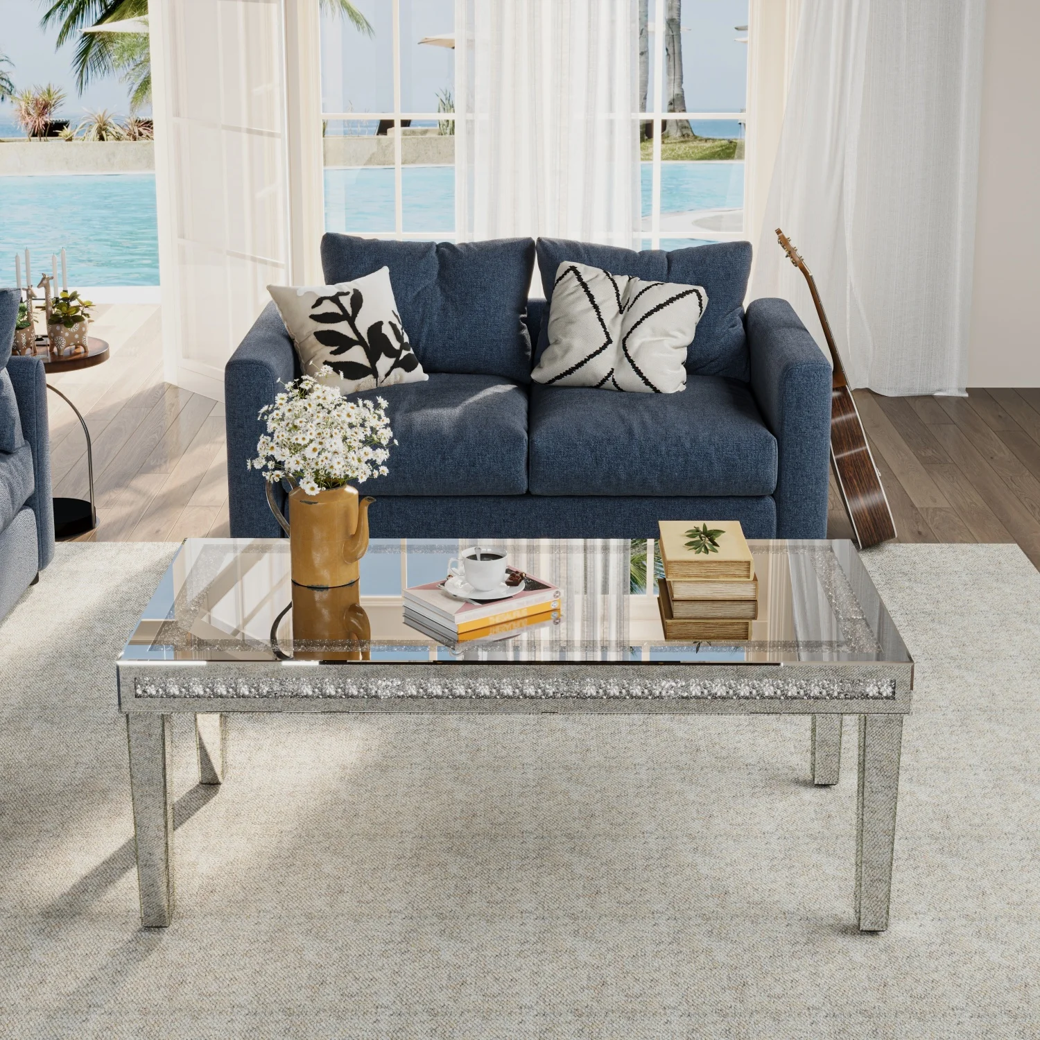 120CM Long Rectangular Mirrored Coffee Table with Crystal Diamonds Inlay for Living Room Office Accent Center Table